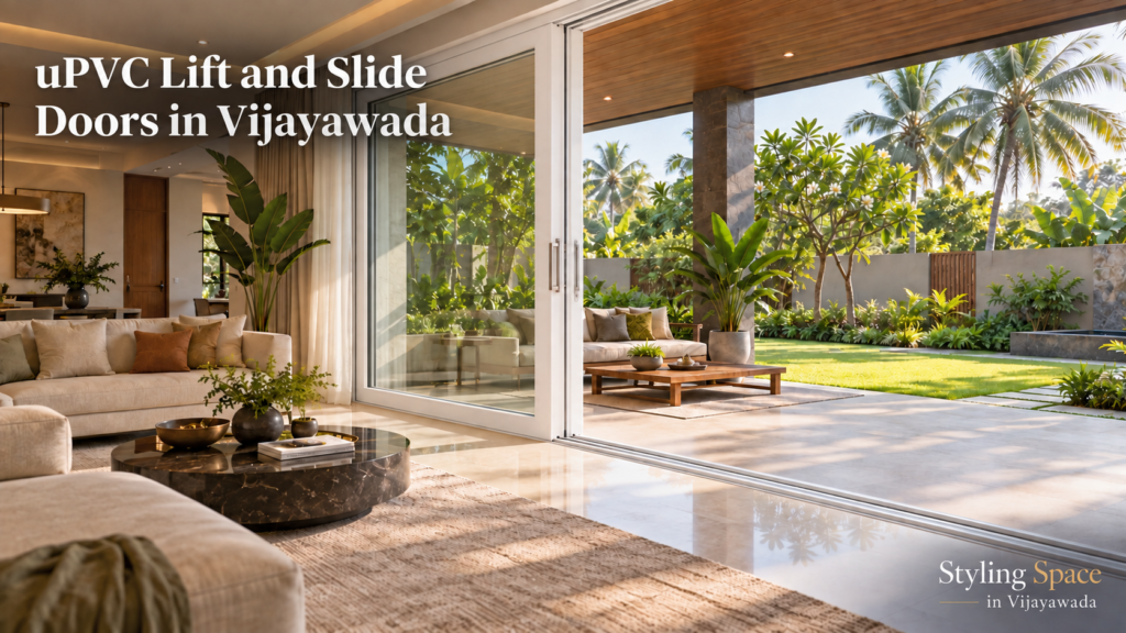 White uPVC lift and slide doors opening to a villa patio by Styling Space in Vijayawada