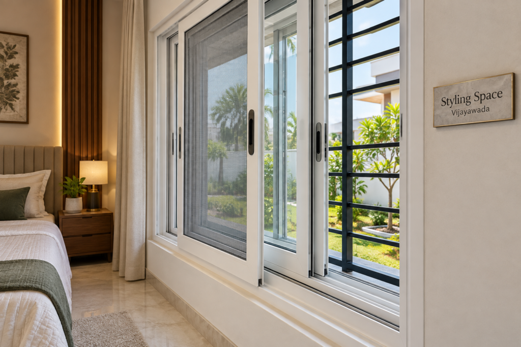 White uPVC sliding window with mosquito mesh and black safety grill in a modern Vijayawada home by Styling Space.