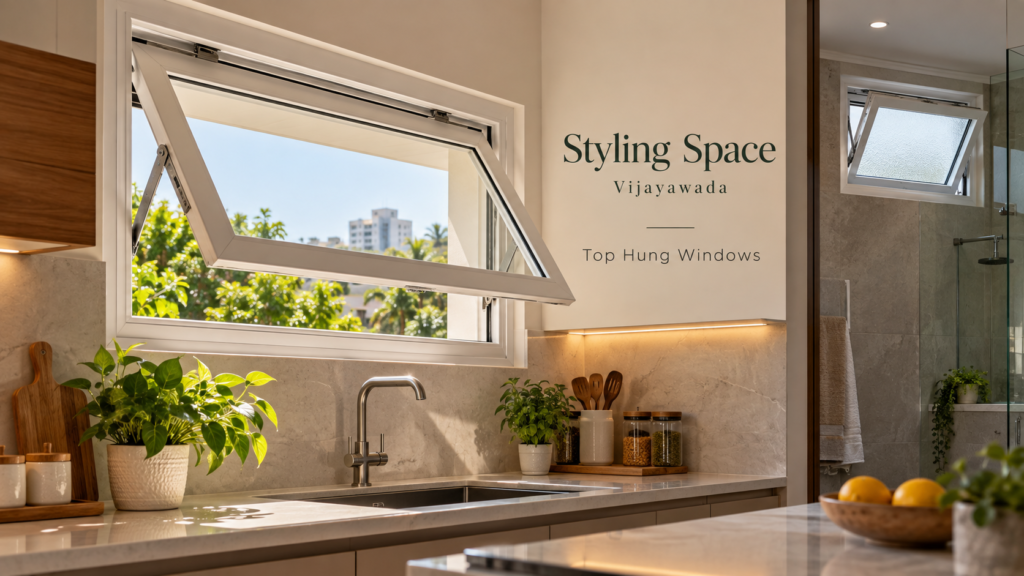 White uPVC top hung window opening outward above a kitchen sink, with a frosted glass bathroom window in a modern home by Styling Space, Vijayawada.