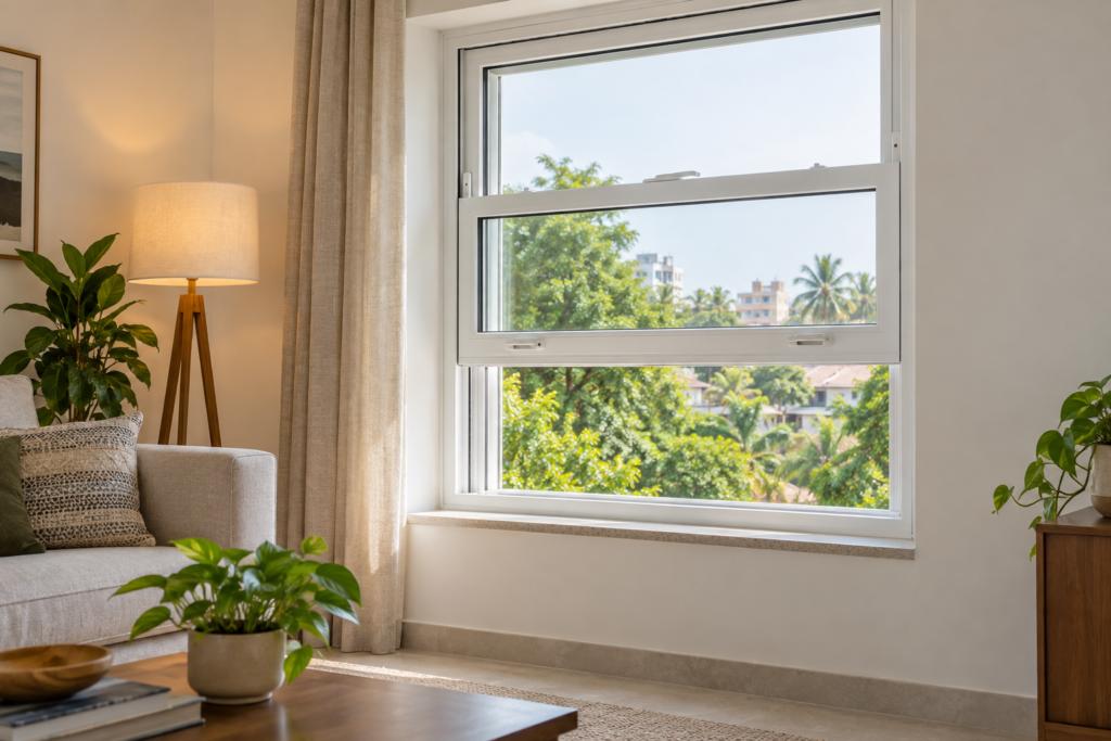 White double-hung twin sash window in a modern Vijayawada home living room.