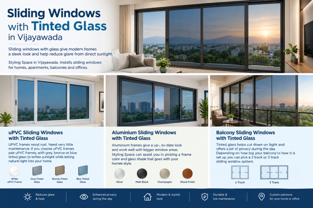 Sliding windows with tinted glass in Vijayawada featuring uPVC and aluminium frames for homes, balconies, apartments, and offices.