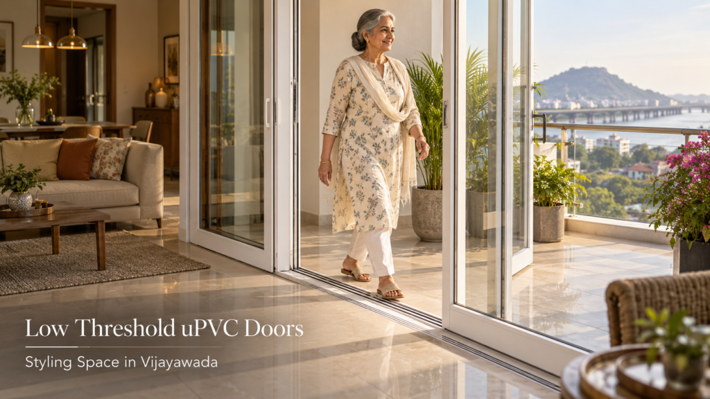 Styling Space low threshold uPVC doors in Vijayawada, showing a smooth entry from a living room to a balcony.