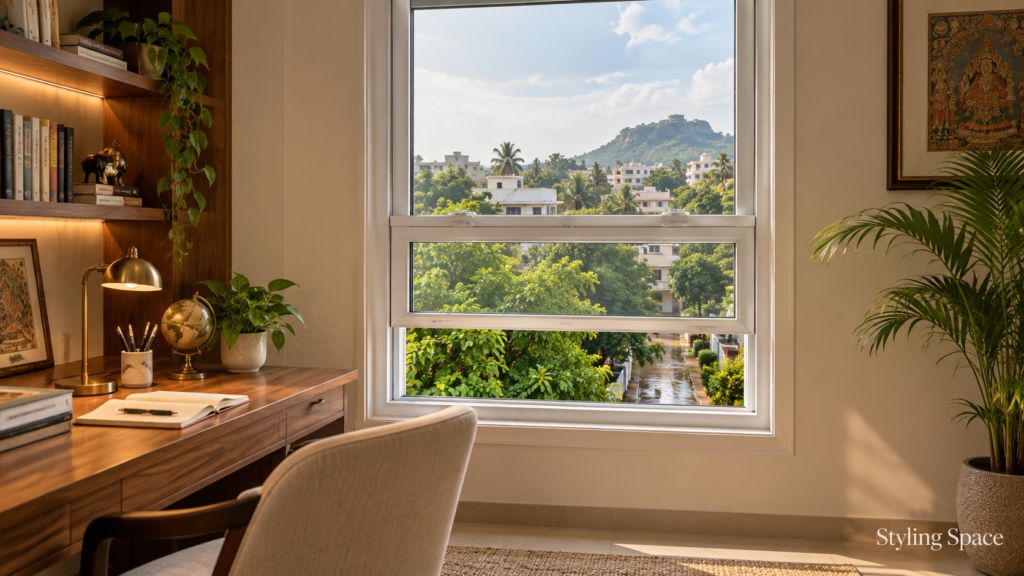 White uPVC vertical sliding window in a modern home study, with greenery outside | Styling Space Vijayawada