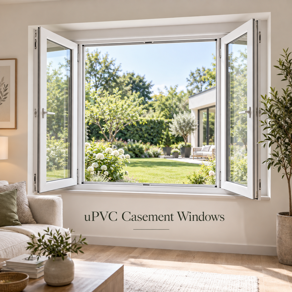 Premium white uPVC casement windows by Styling Space in Vijayawada, opening to a garden view