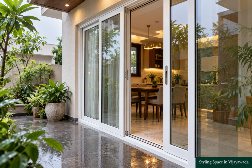 White uPVC sliding glass doors opening onto a garden patio, by Styling Space in Vijayawada.