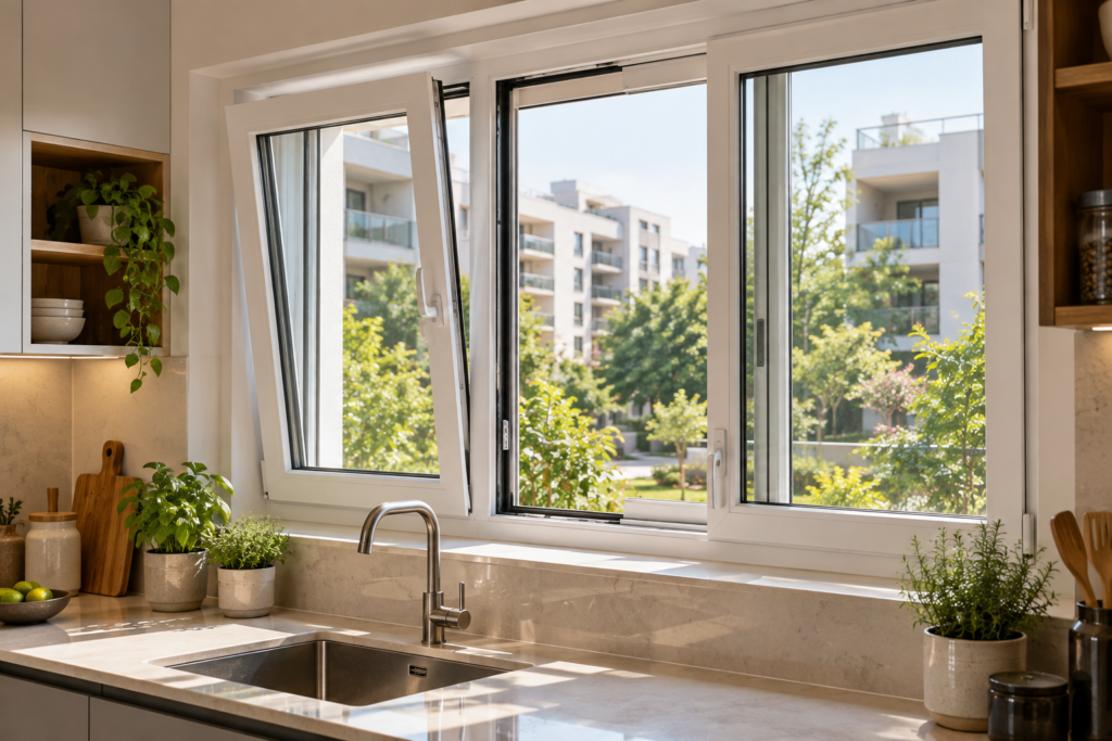 White uPVC tilt and slide window above a kitchen sink in a modern Vijayawada apartment, with one sash tilted open for ventilation.