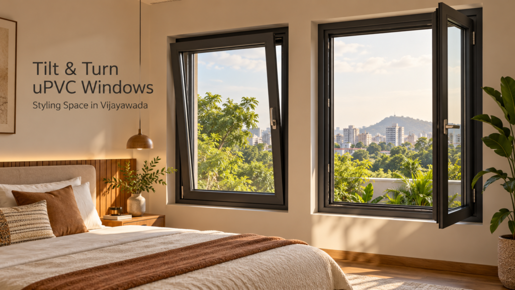 Charcoal uPVC tilt and turn windows in a modern bedroom, showing top tilt ventilation and a fully inward-opening sash by Styling Space in Vijayawada.